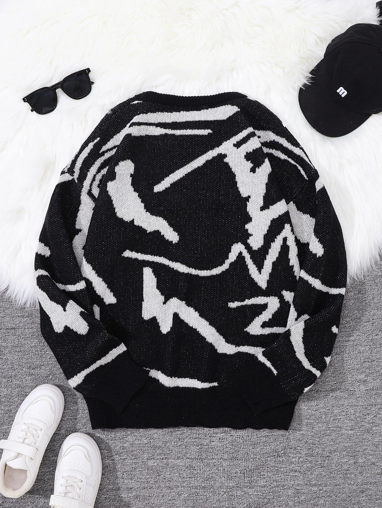 Nouveau populaire printemps automne Graffiti Jacquard motif pull pull décontracté col rond contraste couleur tricoté hommes pull