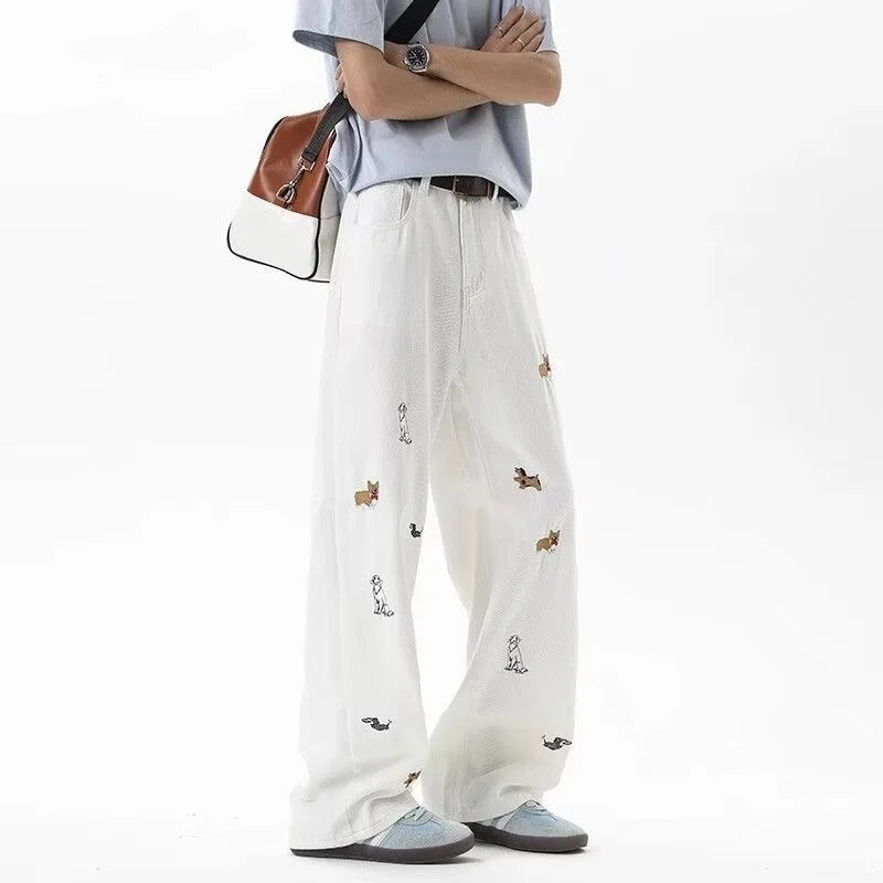 【Mirrordust】 Jean Vintage brodé de Style américain pour hommes, pantalon ample à jambes larges, polyvalent, longueur au sol