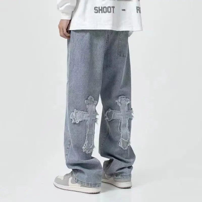 Streetwear Hip Hop taille basse pour hommes coréen Y2k mode pantalon croix Denim pantalon Baggy jean femmes Cargo pantalon Punk vêtements
