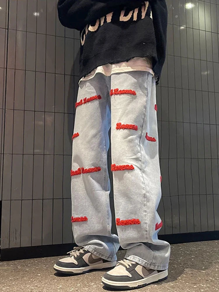 Jean brodé de lettres gothiques pour hommes, pantalon en denim baggy, droit, jambe large, mode de rue, hip hop, bleu, Y2K, automne
