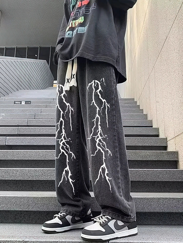 Pantalon en jean Baggy noir imprimé pour hommes, droit, surdimensionné, graphique décontracté, jambes larges, Denim, Long, coréen, cordon de serrage, survêtement