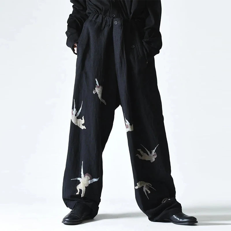 FANTASTIC Pantalon design original Pantalon Cupidon Angel imprimé en lin Pantalon à jambes larges Pantalon décontracté ample