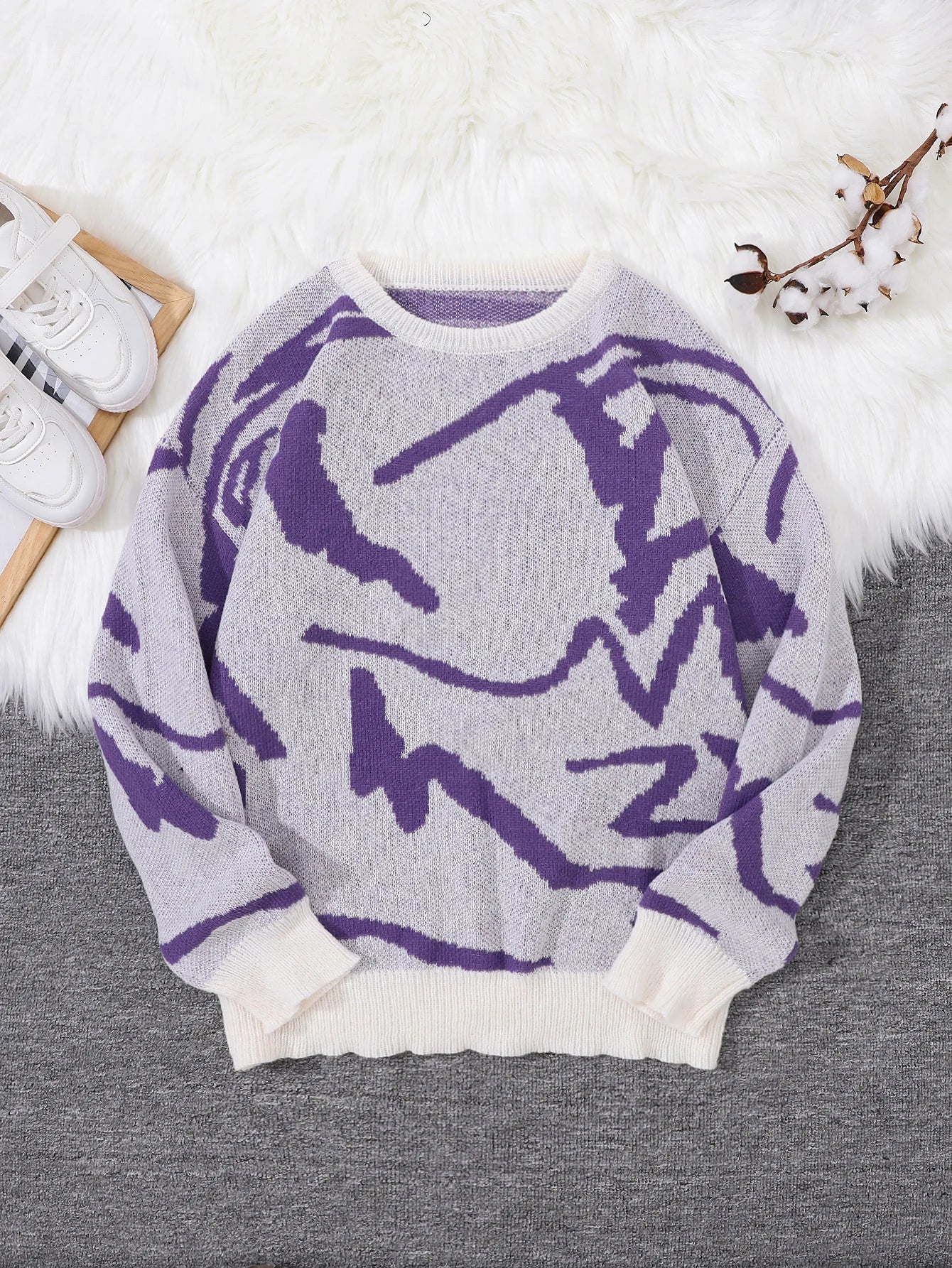 Nouveau populaire printemps automne Graffiti Jacquard motif pull pull décontracté col rond contraste couleur tricoté hommes pull