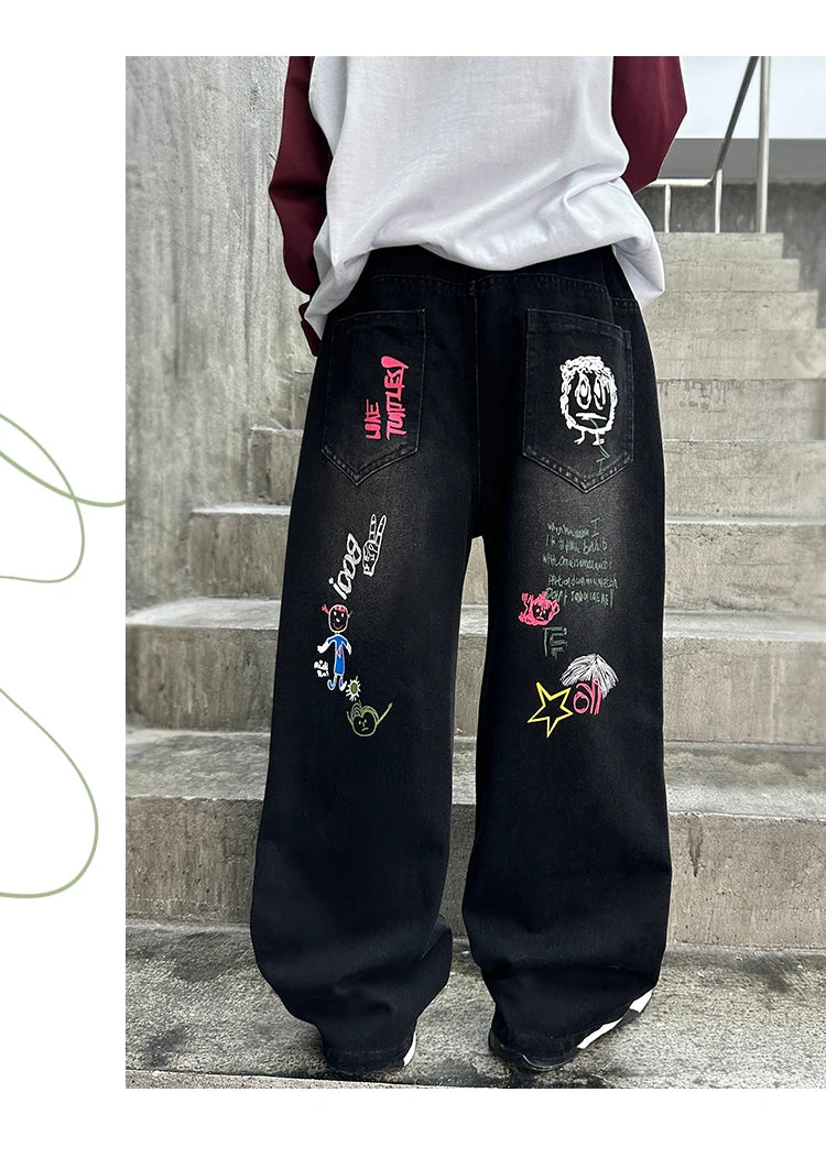 Nouvelle mode enfants jean noir avec dessin pour garçons filles décontracté Streetwear Denim pantalon unisexe enfant coupe droite jean pantalon