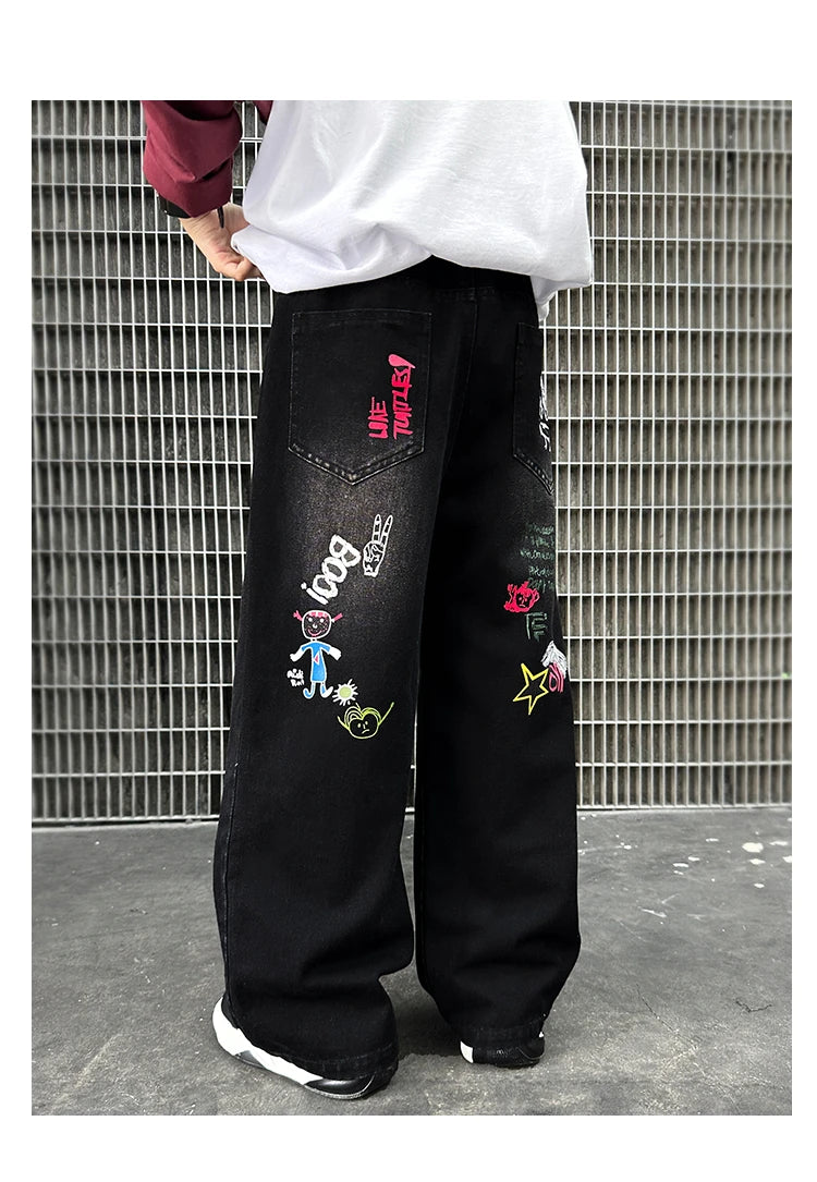 Nouvelle mode enfants jean noir avec dessin pour garçons filles décontracté Streetwear Denim pantalon unisexe enfant coupe droite jean pantalon
