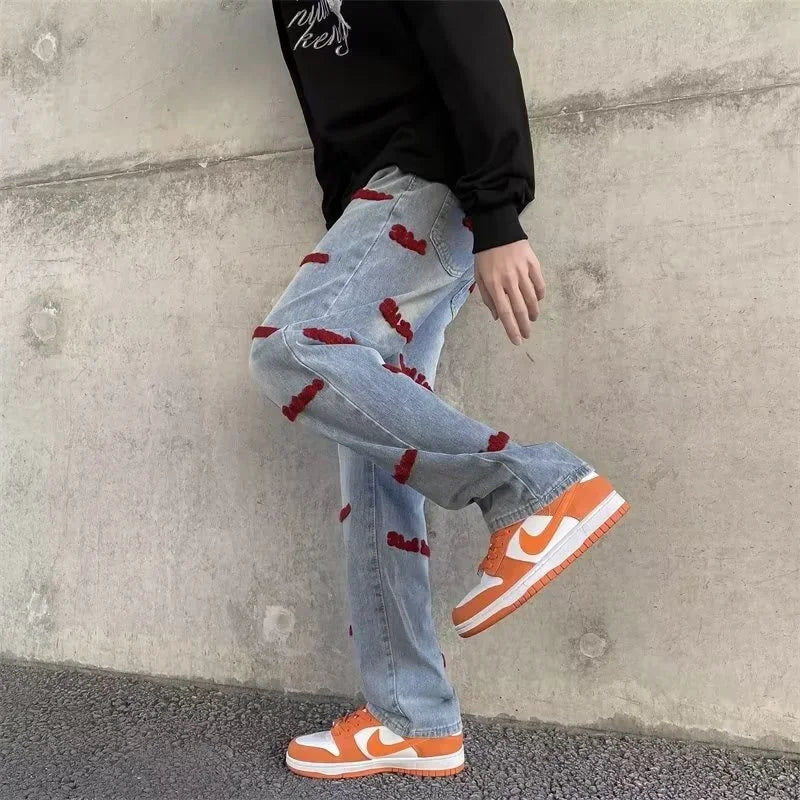 Jean brodé de lettres gothiques pour hommes, pantalon en denim baggy, droit, jambe large, mode de rue, hip hop, bleu, Y2K, automne