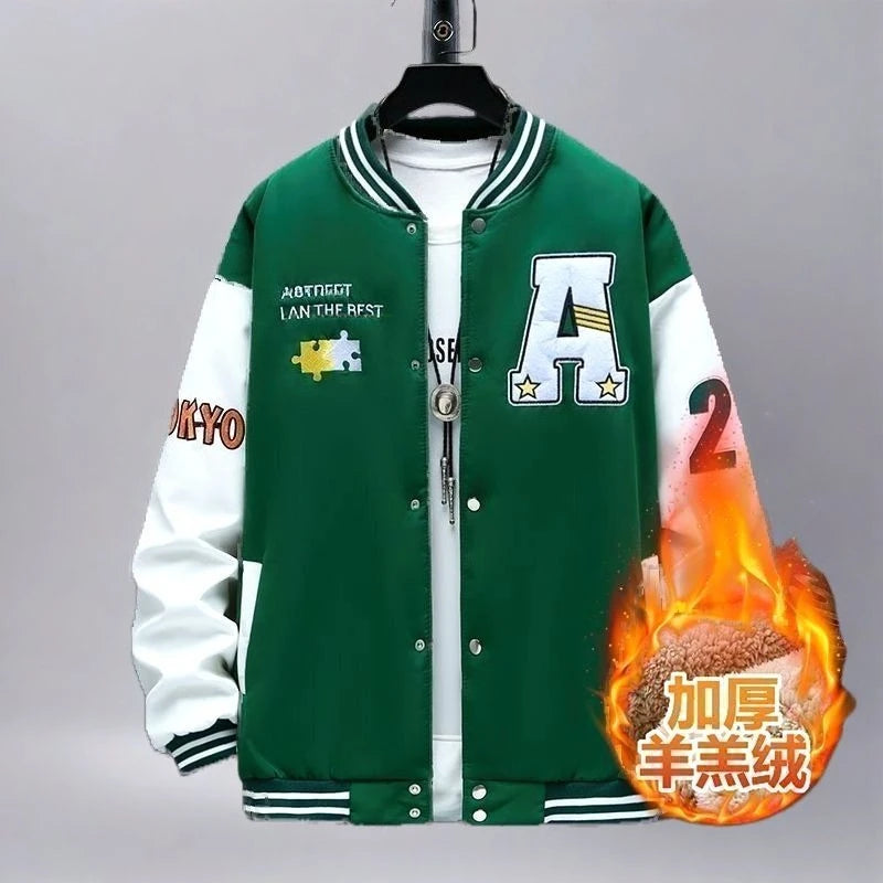 Vestes polaires Vintage à col de Baseball pour hommes, lettres brodées, loisirs, sport, manteau épais en peau d'agneau, veste de moto surdimensionnée