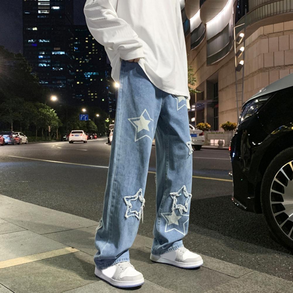 Pantalon en Denim pour hommes, motif étoile à cinq points, broderie, jambes larges, Streetwear, couleur unie, taille moyenne, Baggy, jean droit