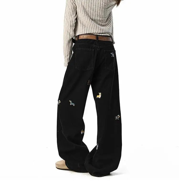 【Mirrordust】 Jean Vintage brodé de Style américain pour hommes, pantalon ample à jambes larges, polyvalent, longueur au sol