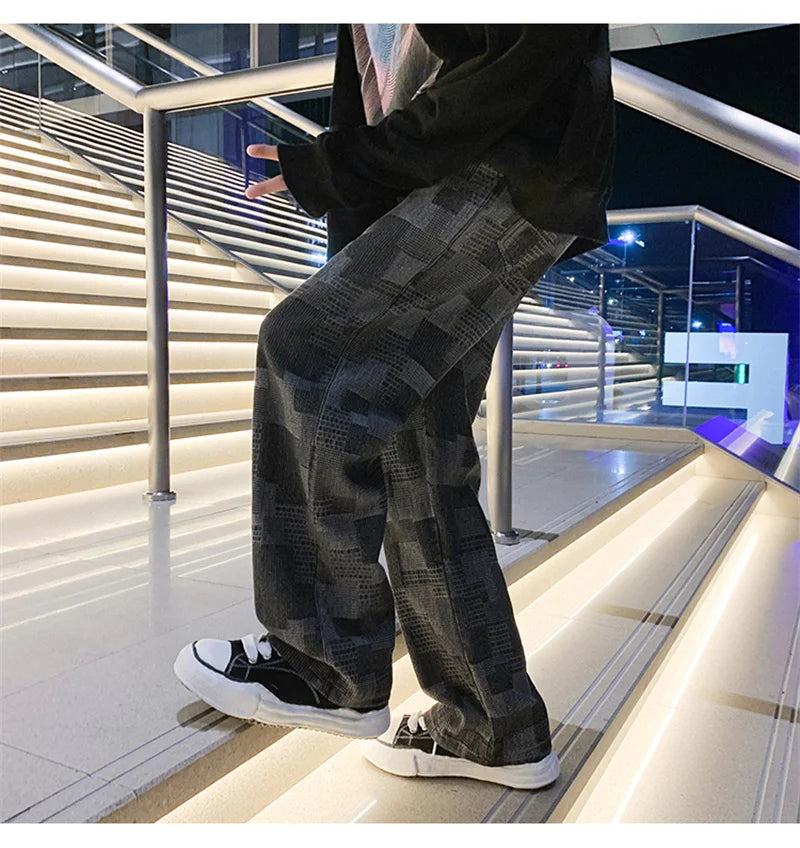 Jean à carreaux bleu noir pour hommes, Vintage, jambes larges, High Street, ample, droit, Hip Hop, automne Y2K