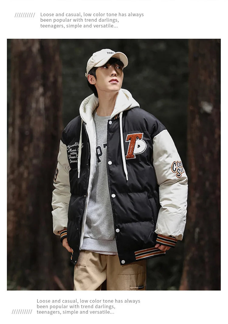 2025 nouvelle veste en coton hommes hiver jeunesse épaissi vers le bas manteau à capuche faux deux pièces mode Parka décontractée vêtements d'extérieur chauds grande taille
