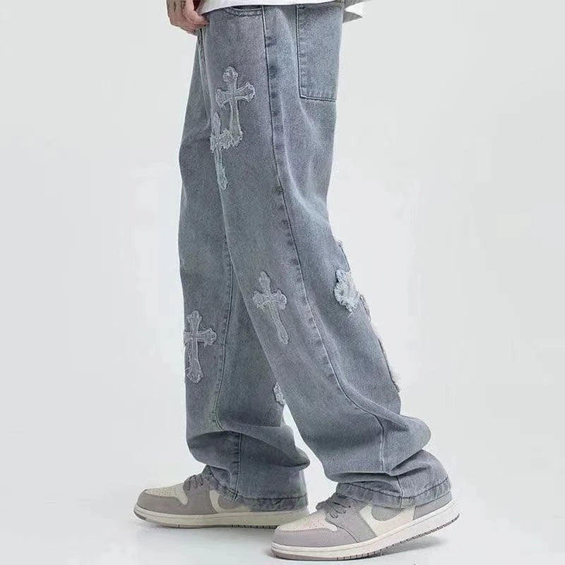 Streetwear Hip Hop taille basse pour hommes coréen Y2k mode pantalon croix Denim pantalon Baggy jean femmes Cargo pantalon Punk vêtements