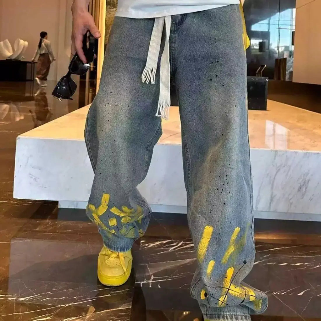 Jean délavé pour hommes, imprimé jet d'encre peint à la main, à la mode et polyvalent, vieux pantalon droit décontracté, nouvelle collection automne et hiver