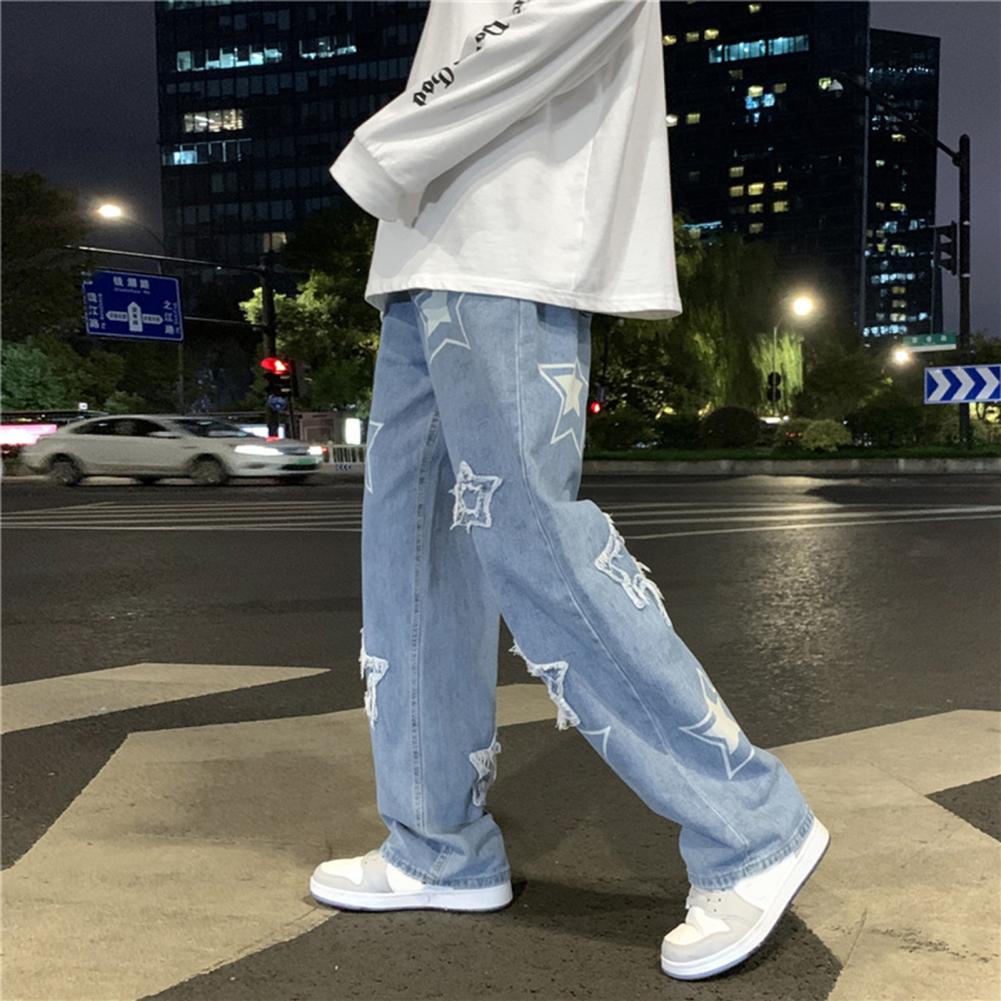 Pantalon en Denim pour hommes, motif étoile à cinq points, broderie, jambes larges, Streetwear, couleur unie, taille moyenne, Baggy, jean droit