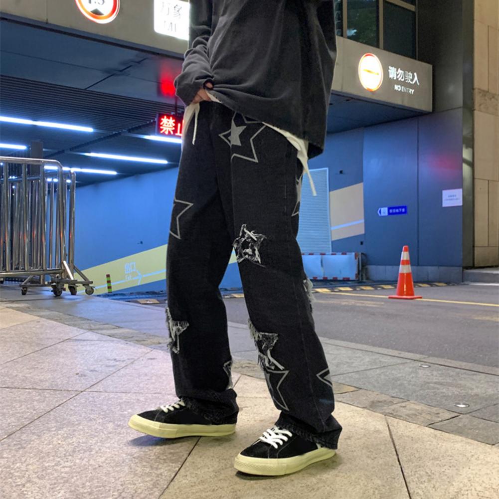 Pantalon en Denim pour hommes, motif étoile à cinq points, broderie, jambes larges, Streetwear, couleur unie, taille moyenne, Baggy, jean droit