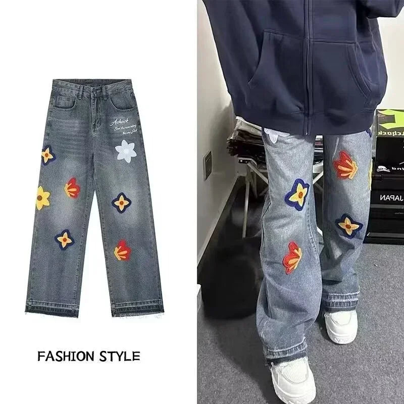 Jean droit bleu brodé de fleurs pour hommes et femmes, jean baggy, streetwear vintage, mode hip hop, automne, fjwomen, Y2K