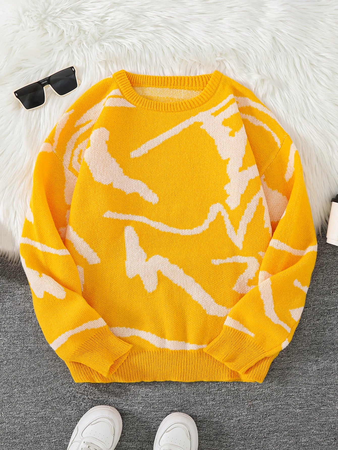 Nouveau populaire printemps automne Graffiti Jacquard motif pull pull décontracté col rond contraste couleur tricoté hommes pull