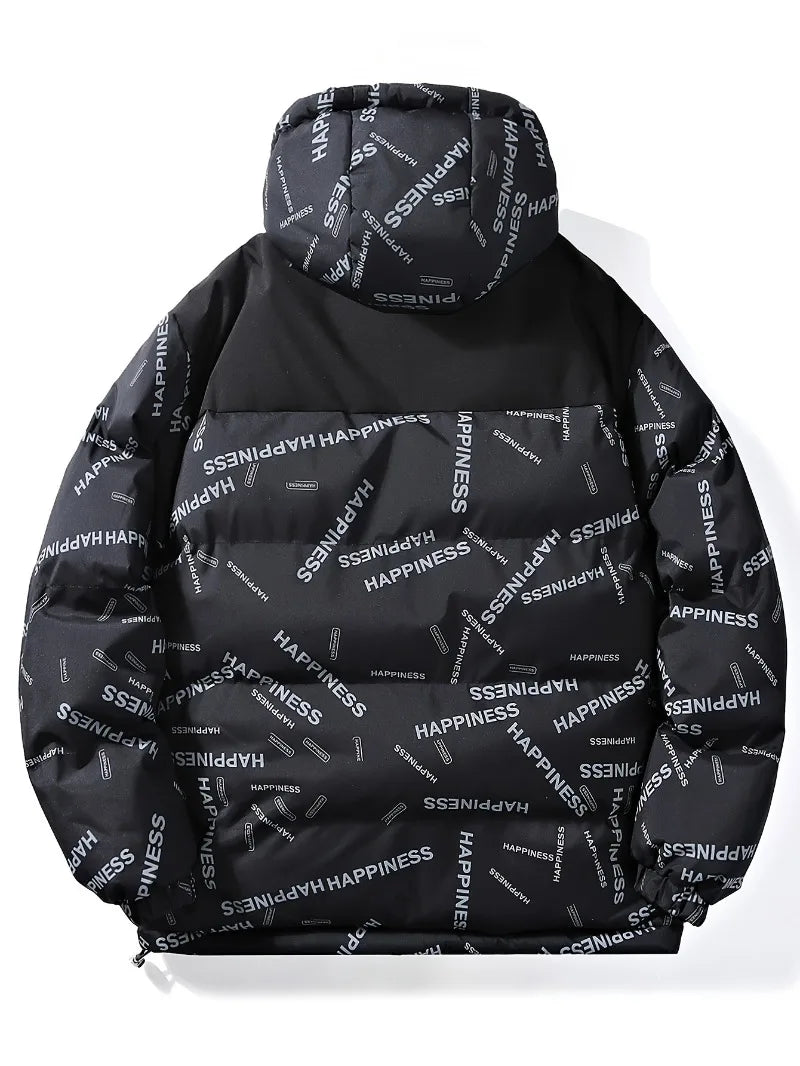Veste à capuche épaisse coupe-vent pour hommes avec poches et cordon de serrage décontracté lettre imprimée vêtements d'extérieur polyvalents chaud et élégant pour décontracté