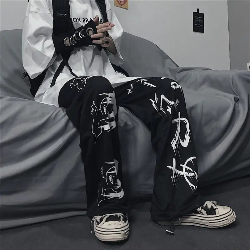 Pantalon de survêtement noir imprimé japonais Y2k pour homme, Streetwear, jambes larges, Baggy surdimensionné, décontracté, Sport, 2023