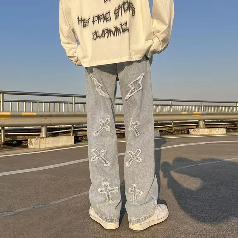 Jean en Denim à jambes droites pour hommes, nouvelle mode décontractée, ample, pantalon Y2k, jambes larges, Hip Hop, noir, bleu