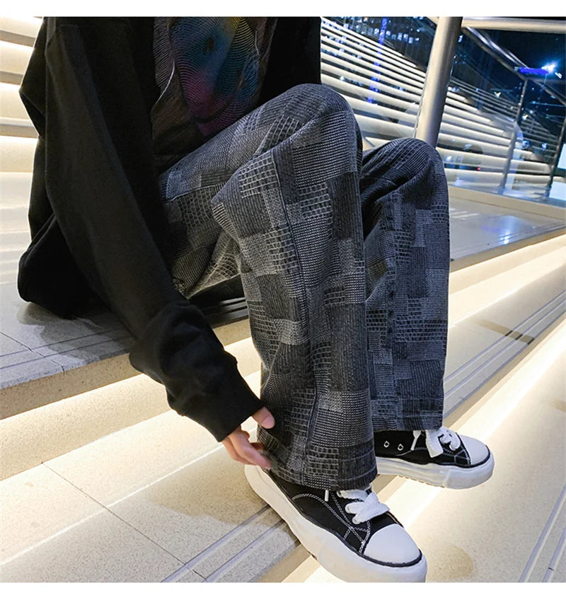 Jean à carreaux bleu noir pour hommes, Vintage, jambes larges, High Street, ample, droit, Hip Hop, automne Y2K