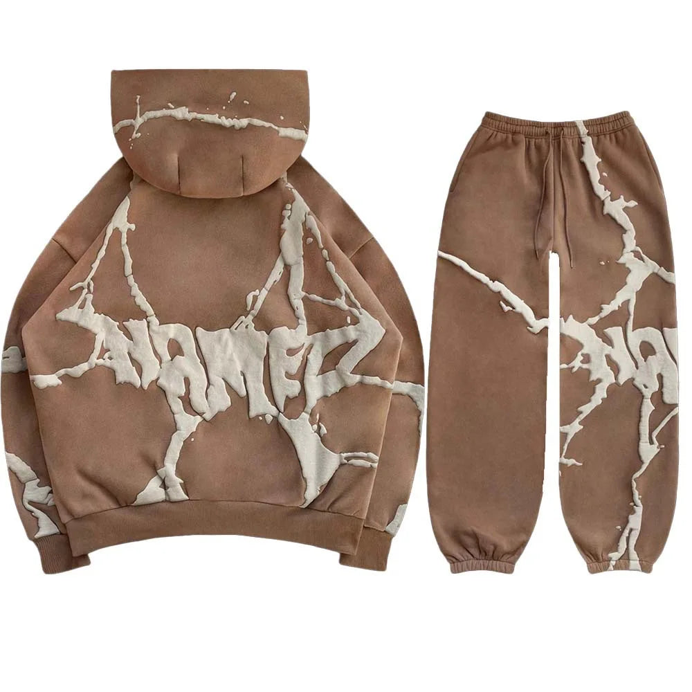2025 transfrontalier européen et américain automne et hiver nouveau sweat à capuche imprimé mousse Vintage épaissi ensemble ample pour hommes en Stock