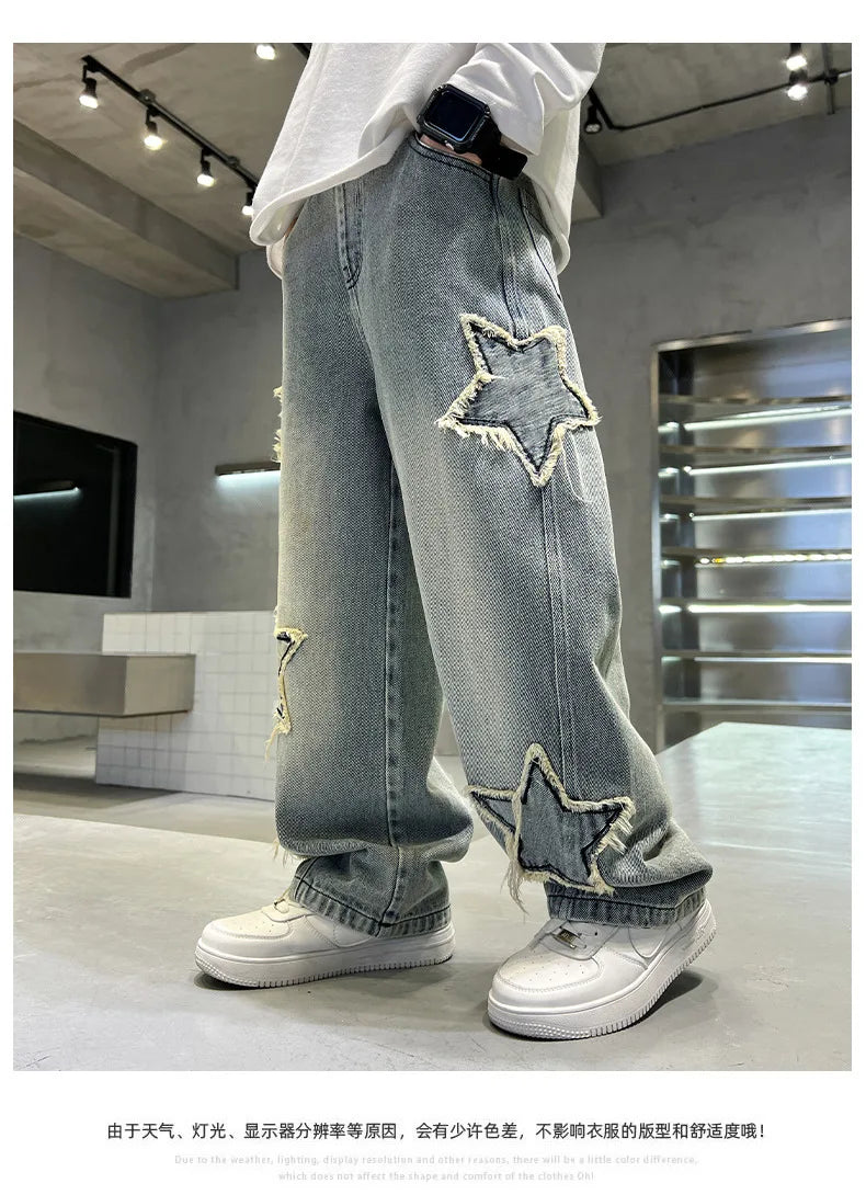 Nouvelle mode adolescents garçons Denim pantalons à jambes larges enfant pantalon printemps automne étoile épissage bord brut jean 5-14 ans enfants pantalons