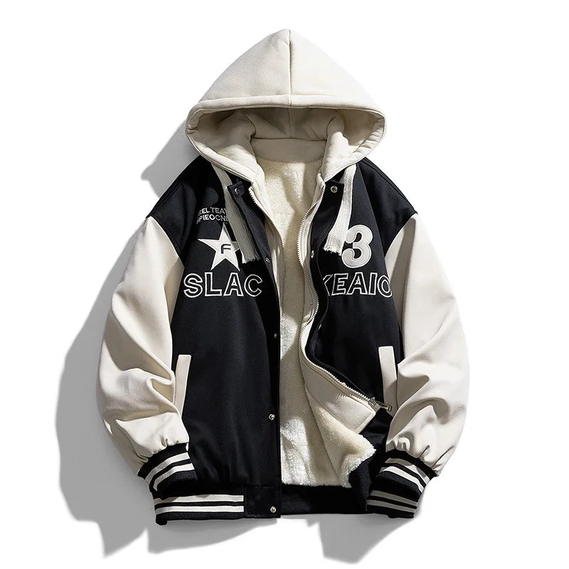 Vestes de Baseball à capuche pour hommes, Streetwear tendance, nouvelle mode polaire chaude d'hiver, faux manteaux deux pièces amples et décontractés 3XL