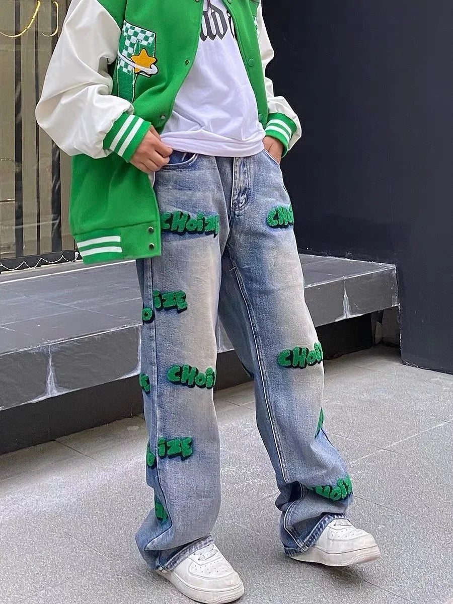 Feynzz broderie haute rue style hiphop flocage jean automne pantalon à jambes larges pour hommes et femmes taille haute jeans mode