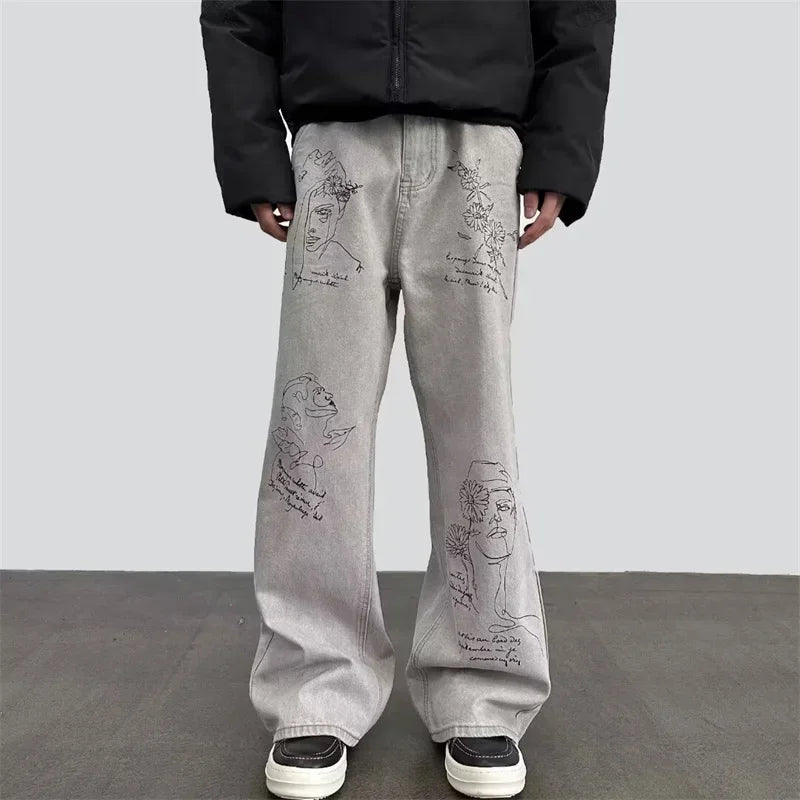 Jean imprimé graphique graffiti rétro américain pour hommes, pantalon en denim baggy, mode Harajuku, streetwear Y2K, DistMurcia, fjgy