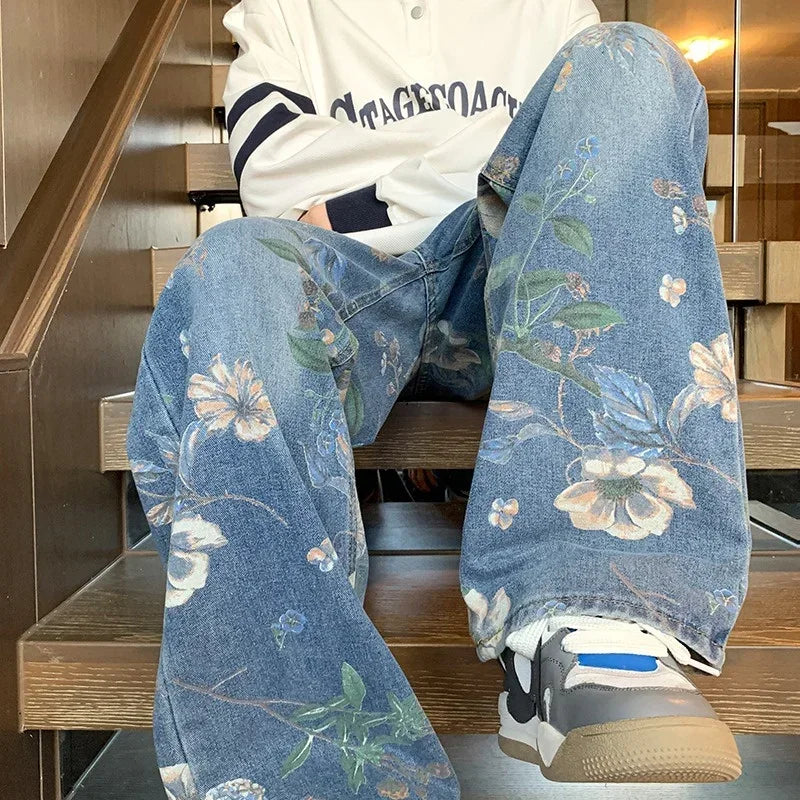 Jean imprimé Floral pour hommes, pantalon en Denim Vintage Y2K, mode Hip Hop, Baggy à jambes larges, Streetwear, nouvelle collection automne 2024