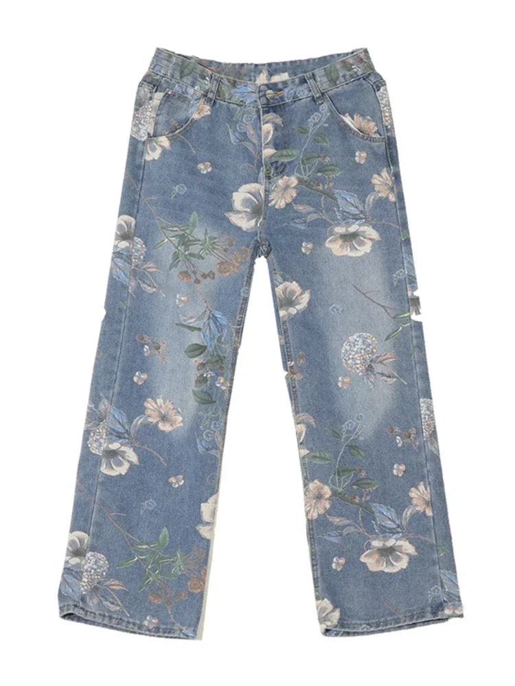 Jean imprimé Floral pour hommes, pantalon en Denim Vintage Y2K, mode Hip Hop, Baggy à jambes larges, Streetwear, nouvelle collection automne 2024