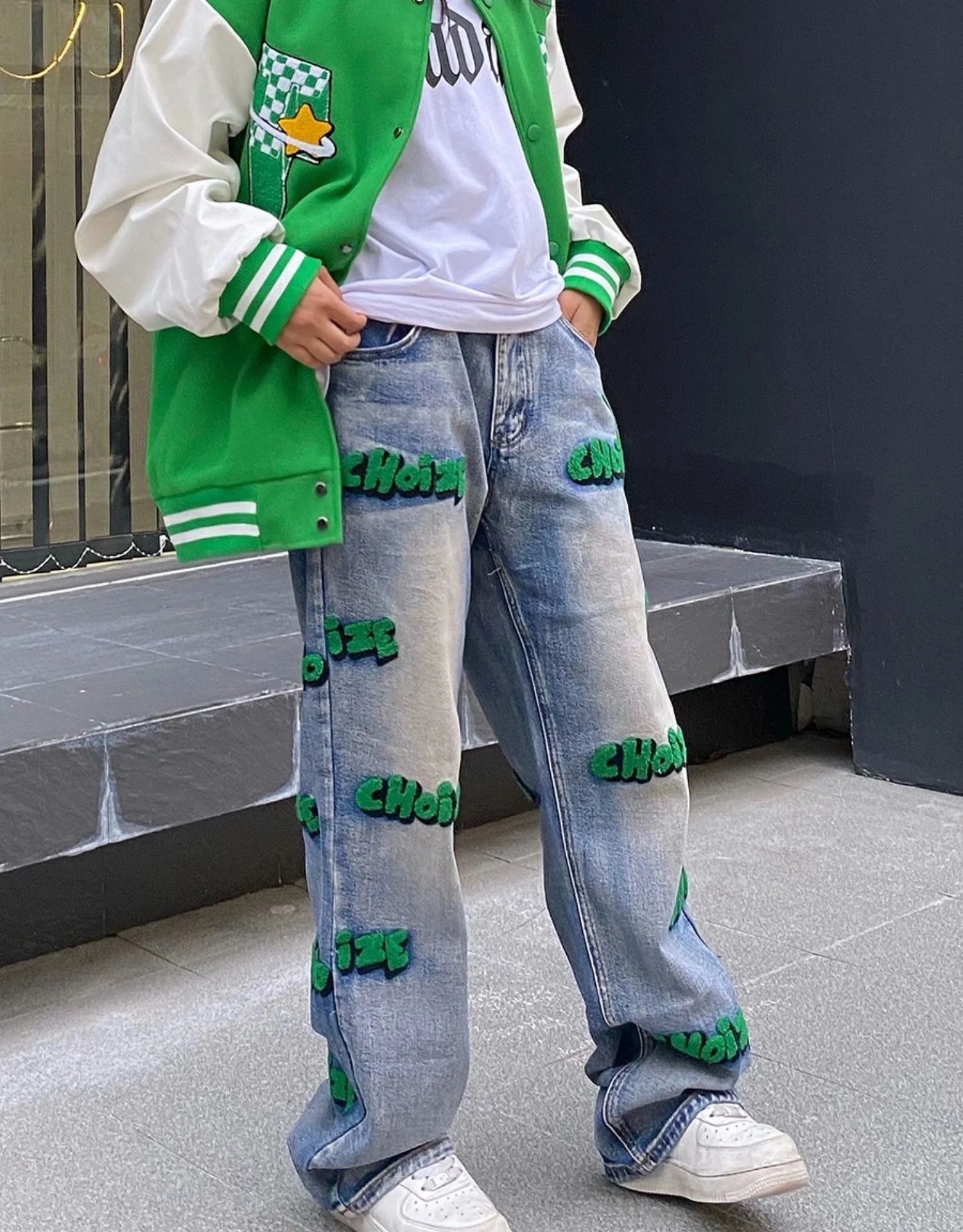 Feynzz broderie haute rue style hiphop flocage jean automne pantalon à jambes larges pour hommes et femmes taille haute jeans mode