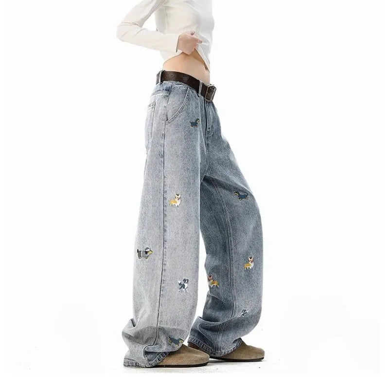 【Mirrordust】 Jean Vintage brodé de Style américain pour hommes, pantalon ample à jambes larges, polyvalent, longueur au sol