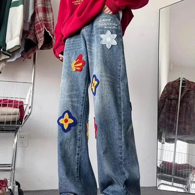 Jean droit bleu brodé de fleurs pour hommes et femmes, jean baggy, streetwear vintage, mode hip hop, automne, fjwomen, Y2K