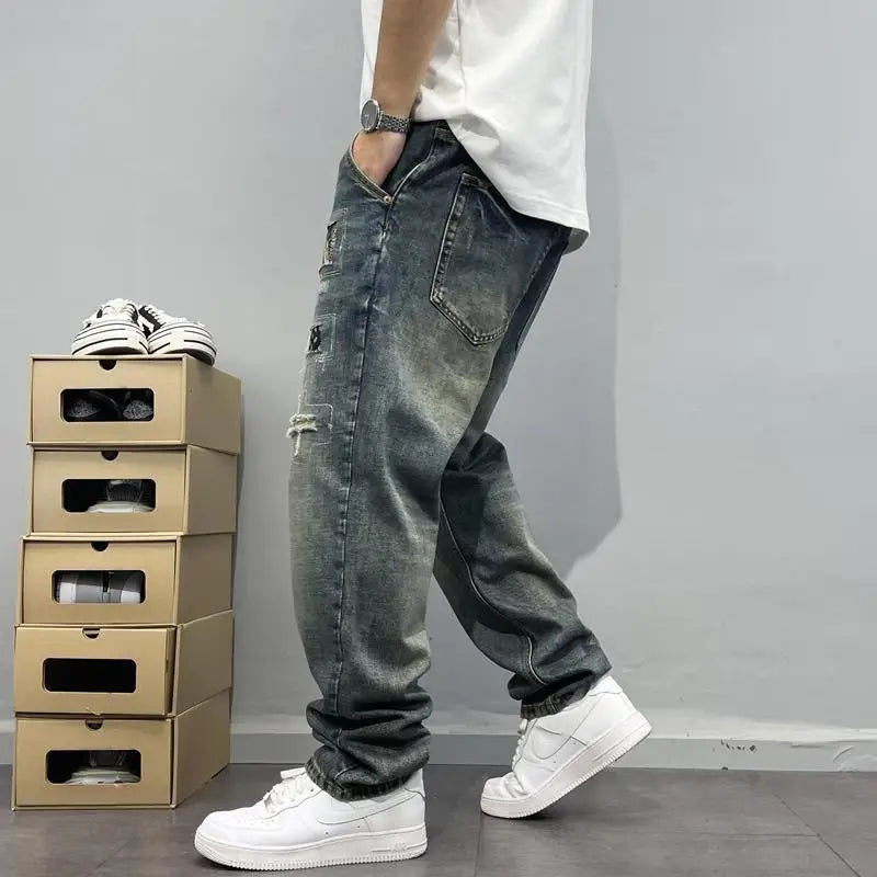 Jean ample à jambes droites pour hommes, rétro américain, avec trous déchirés, tissu patch, pantalon Long polyvalent, été 2025