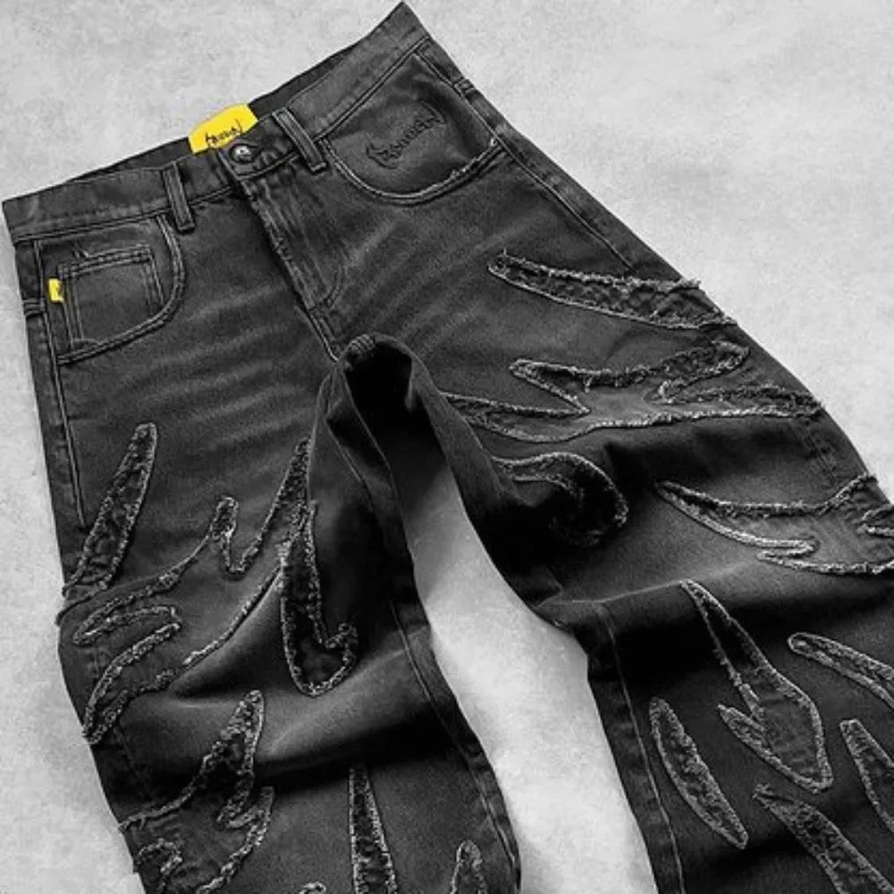 Nouveau Y2K Harajuku rétro graphique Patch jean Hip Hop gothique bord brut broderie noir Baggy jean jambe large Denim pantalon hommes femmes