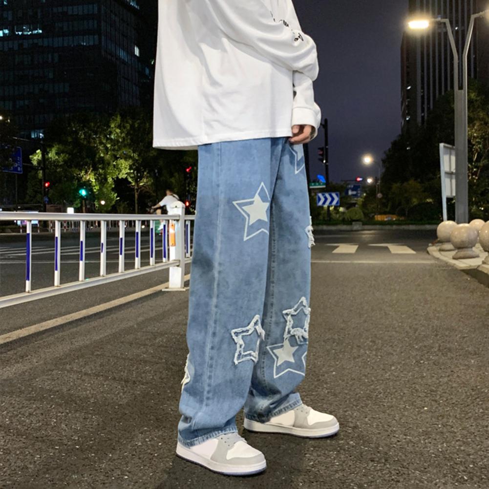 Pantalon en Denim pour hommes, motif étoile à cinq points, broderie, jambes larges, Streetwear, couleur unie, taille moyenne, Baggy, jean droit