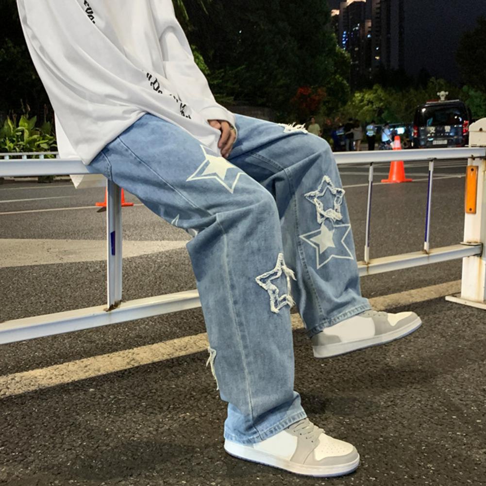Pantalon en Denim pour hommes, motif étoile à cinq points, broderie, jambes larges, Streetwear, couleur unie, taille moyenne, Baggy, jean droit