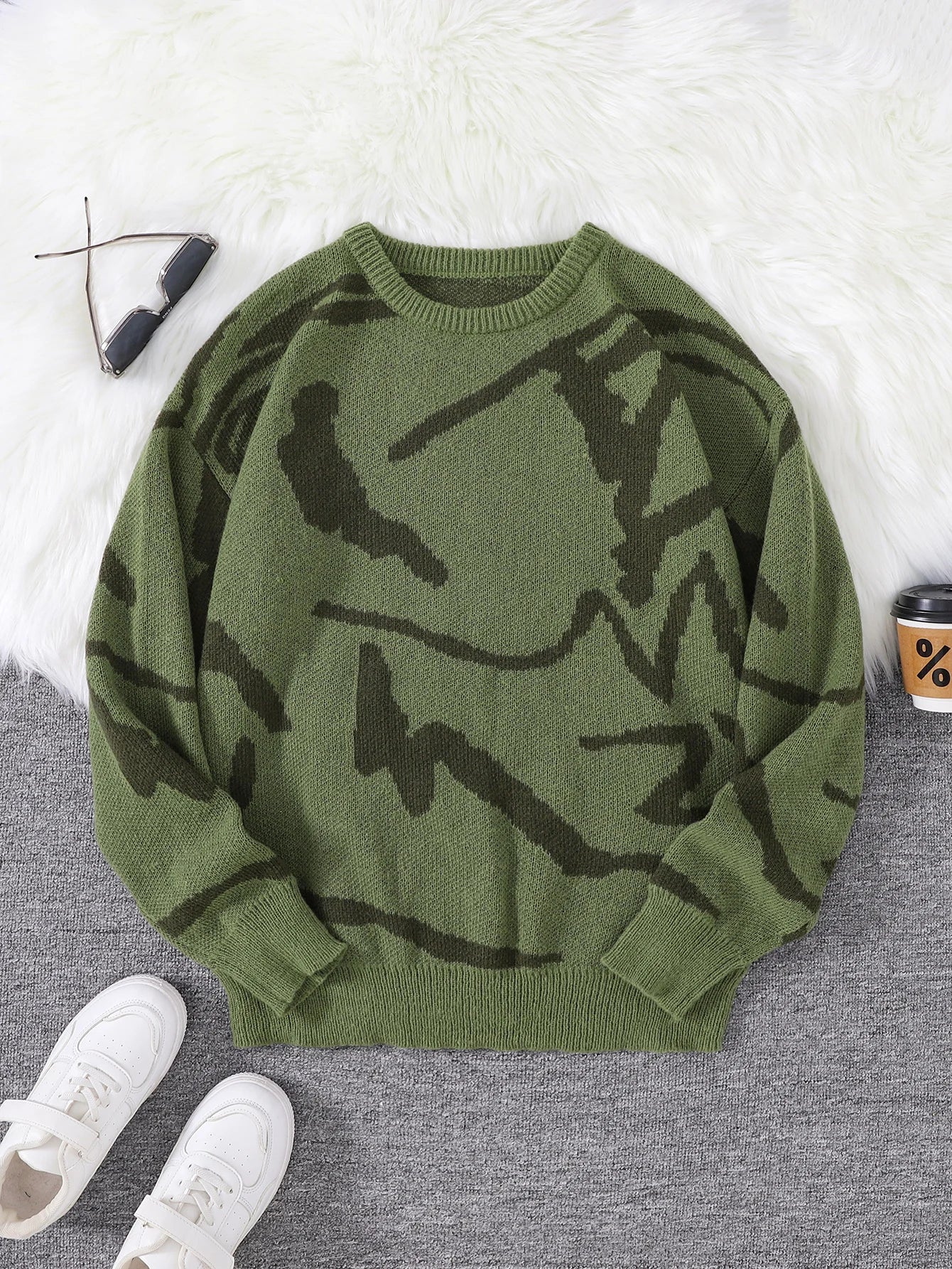 Nouveau populaire printemps automne Graffiti Jacquard motif pull pull décontracté col rond contraste couleur tricoté hommes pull