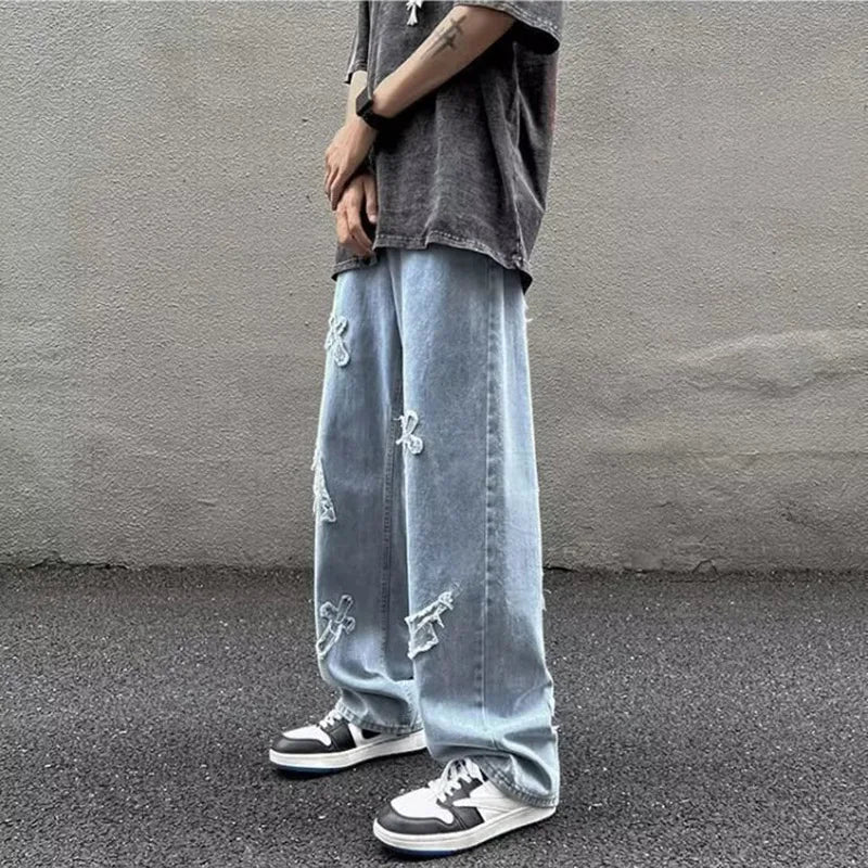 Jean en Denim à jambes droites pour hommes, nouvelle mode décontractée, ample, pantalon Y2k, jambes larges, Hip Hop, noir, bleu
