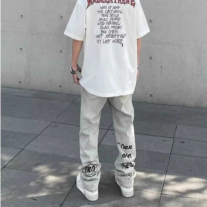 Jean Baggy avec lettres gothiques américaines pour hommes, pantalon en Denim droit rétro Harajuku Y2K, Hip Hop, mode imprimée
