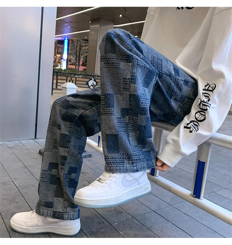 Jean à carreaux bleu noir pour hommes, Vintage, jambes larges, High Street, ample, droit, Hip Hop, automne Y2K