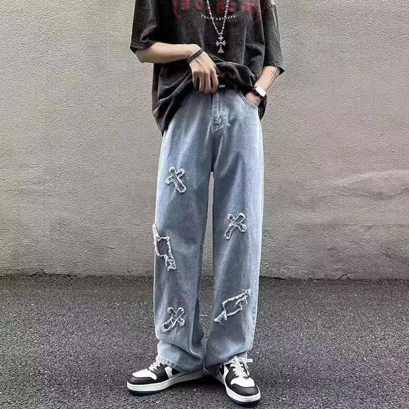 Jean en Denim à jambes droites pour hommes, nouvelle mode décontractée, ample, pantalon Y2k, jambes larges, Hip Hop, noir, bleu