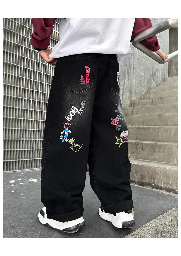 Nouvelle mode enfants jean noir avec dessin pour garçons filles décontracté Streetwear Denim pantalon unisexe enfant coupe droite jean pantalon