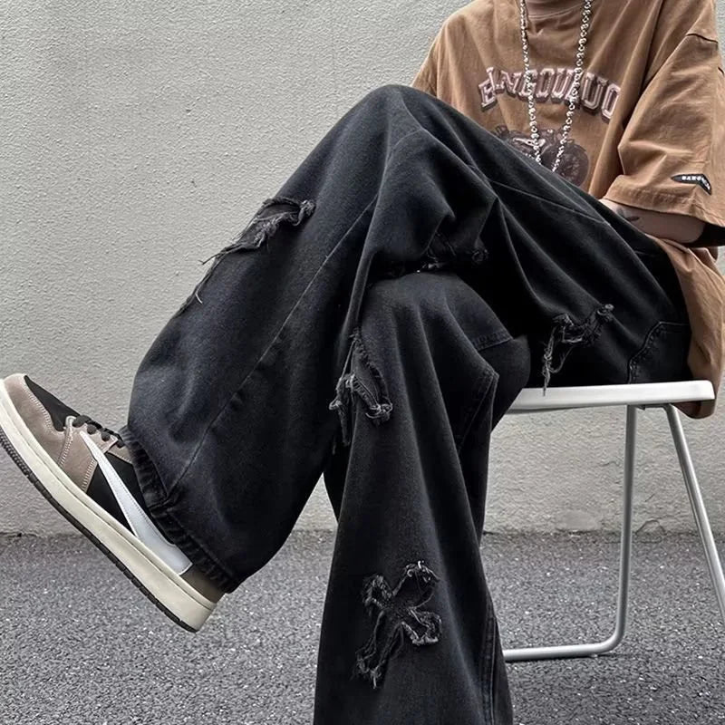 Jean en Denim à jambes droites pour hommes, nouvelle mode décontractée, ample, pantalon Y2k, jambes larges, Hip Hop, noir, bleu