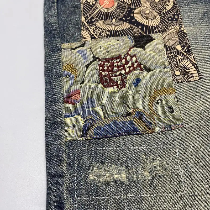 Jean ample à jambes droites pour hommes, rétro américain, avec trous déchirés, tissu patch, pantalon Long polyvalent, été 2025