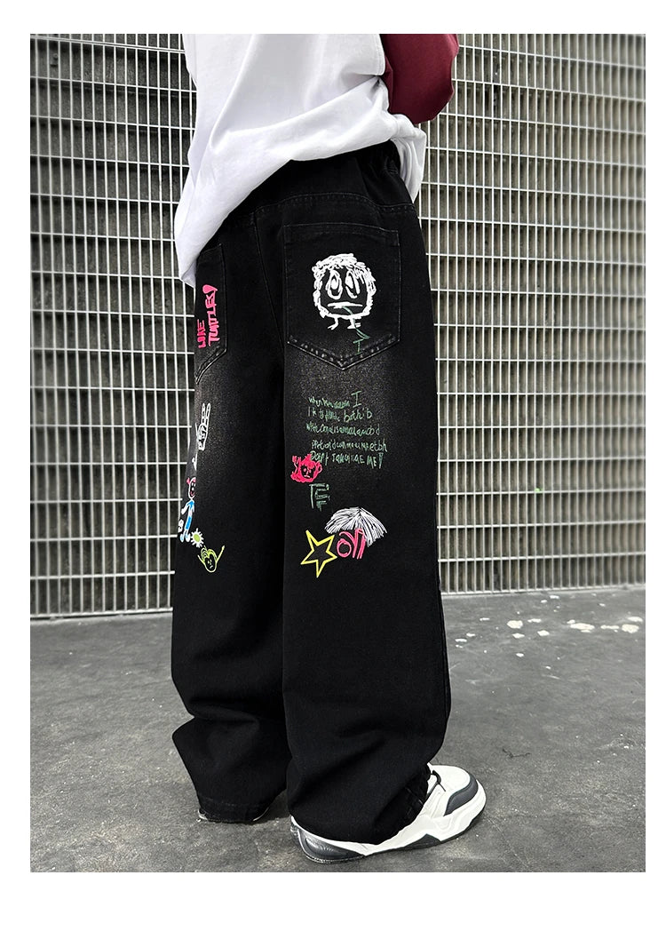 Nouvelle mode enfants jean noir avec dessin pour garçons filles décontracté Streetwear Denim pantalon unisexe enfant coupe droite jean pantalon