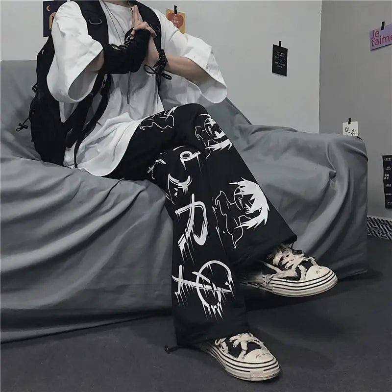Pantalon de survêtement noir imprimé japonais Y2k pour homme, Streetwear, jambes larges, Baggy surdimensionné, décontracté, Sport, 2023