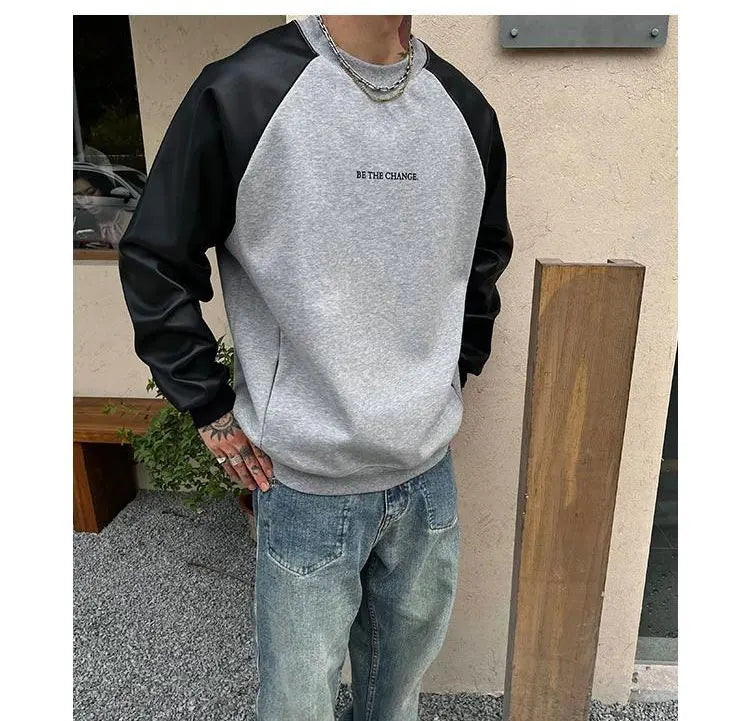 Pulls en cuir à col rond pour hommes, pulls College de lettres rétro américaines, vêtements décontractés basiques, printemps et automne, patchwork, adt PVD